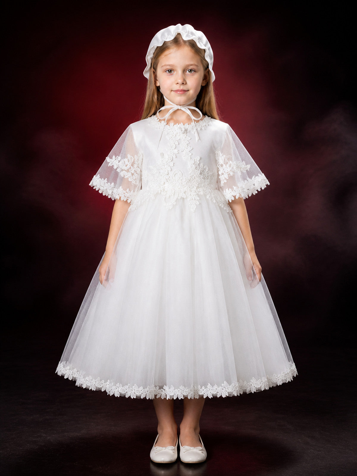 Baby Girls' White Princess Dress With Floral Trim And Ruffle Hat, Outfit Set main product view