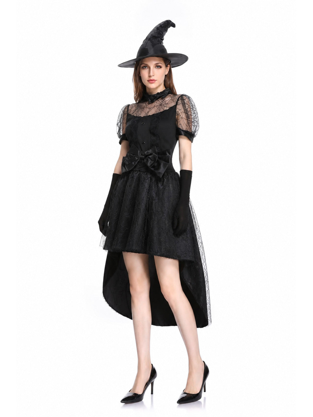 Black Witch Costume with Full Skirt and Asymmetrical Hem