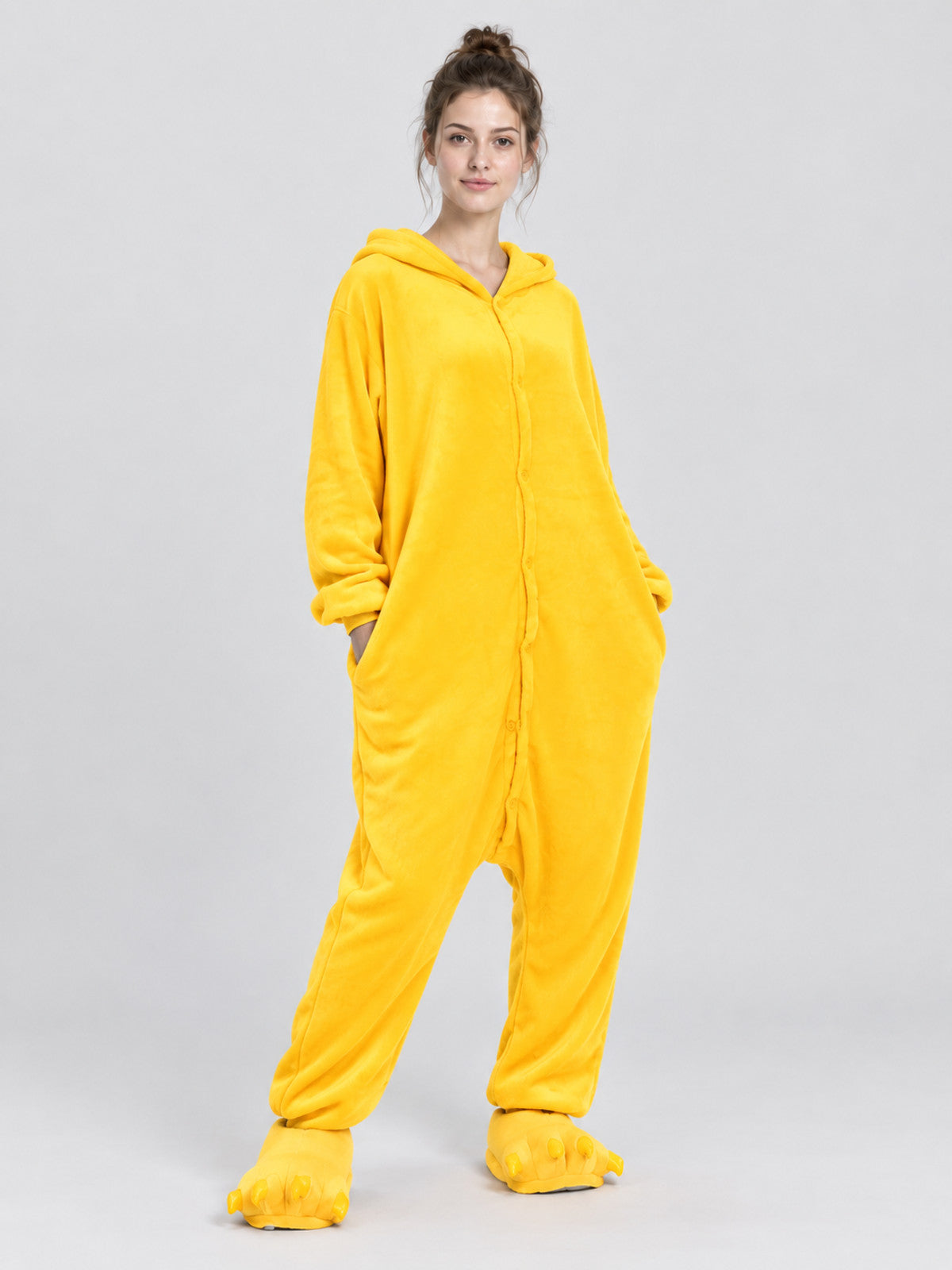 Yellow Fleece Hooded Pajama Jumpsuit with Pockets