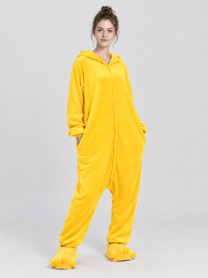 Yellow Fleece Hooded Pajama Jumpsuit with Pockets