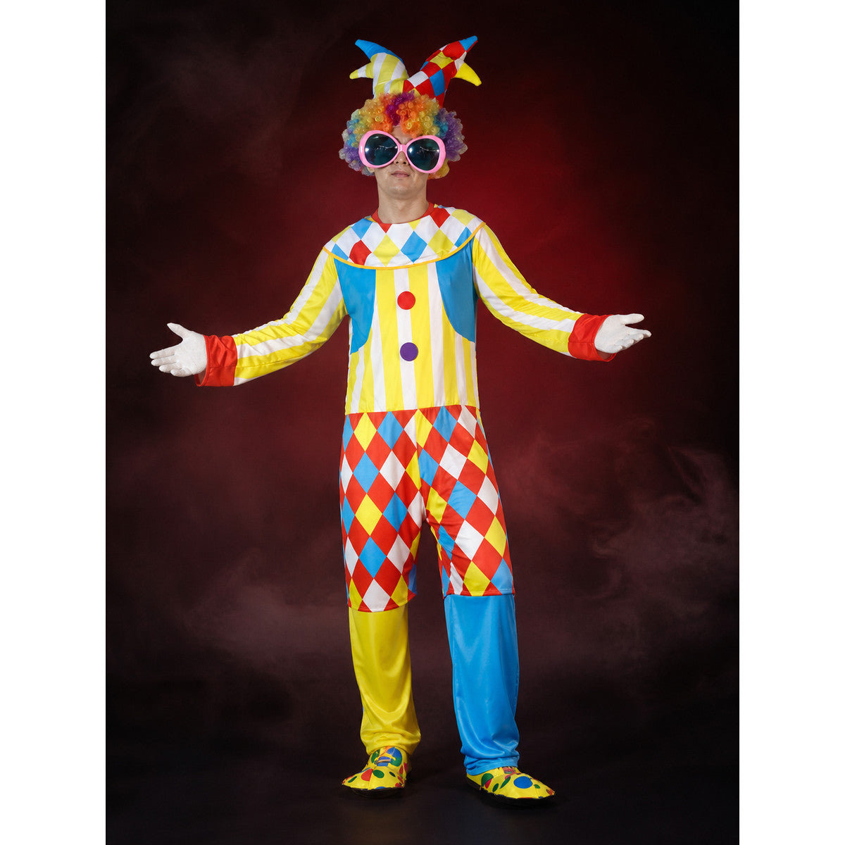 Unisex Clown Bodysuit Costume with Hat, Colorful Striped Jumpsuit for Halloween main product view