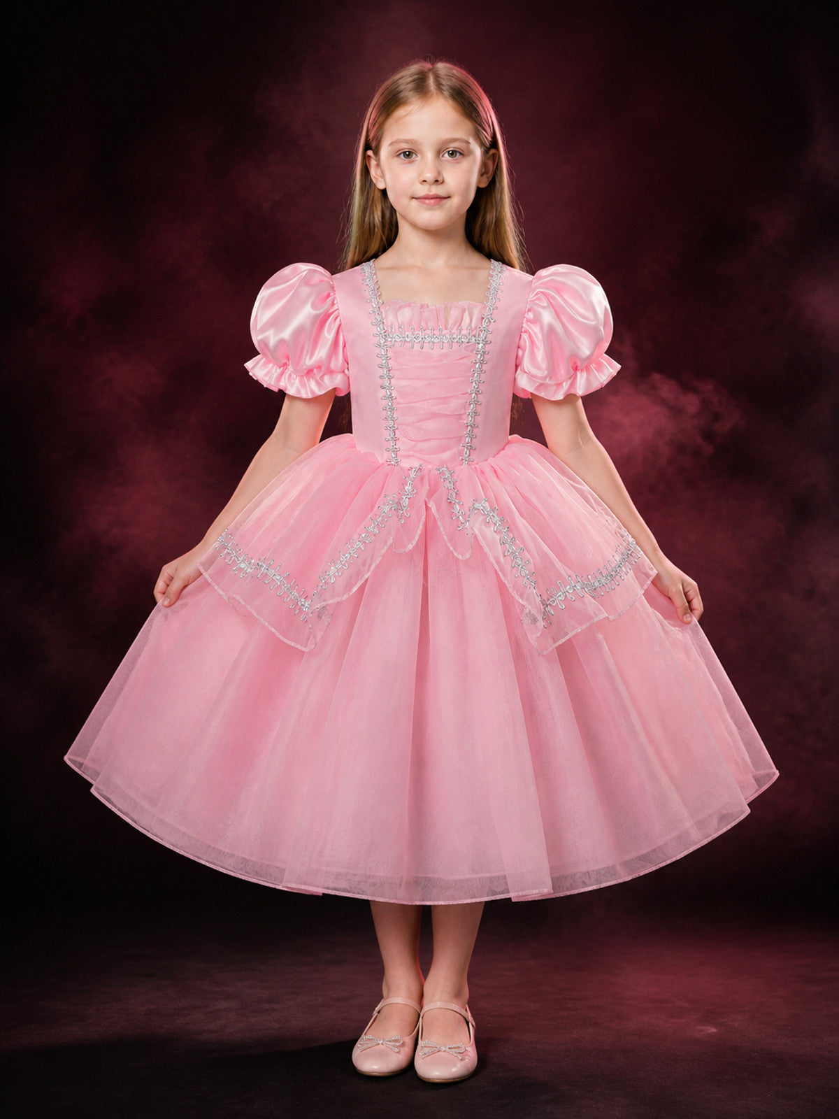 Toddler Girls' Pink Princess Dress Costume with Puff Sleeves and Layered Skirt main product view