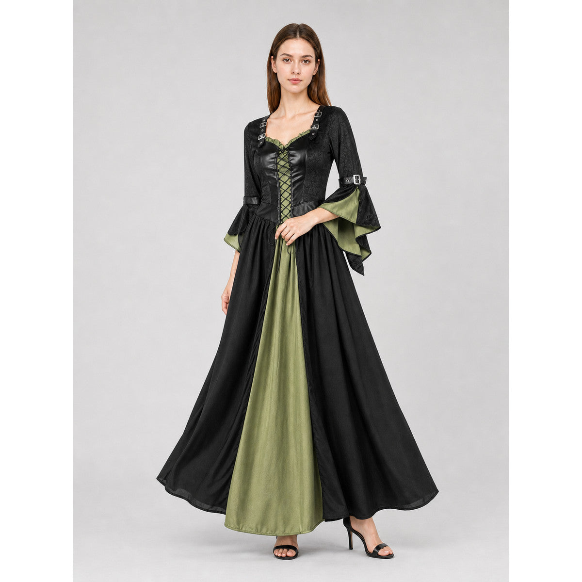 Long Witch-Style Dress with Sleeves and Lace-Up Detail