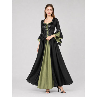 Long Witch-Style Dress with Sleeves and Lace-Up Detail
