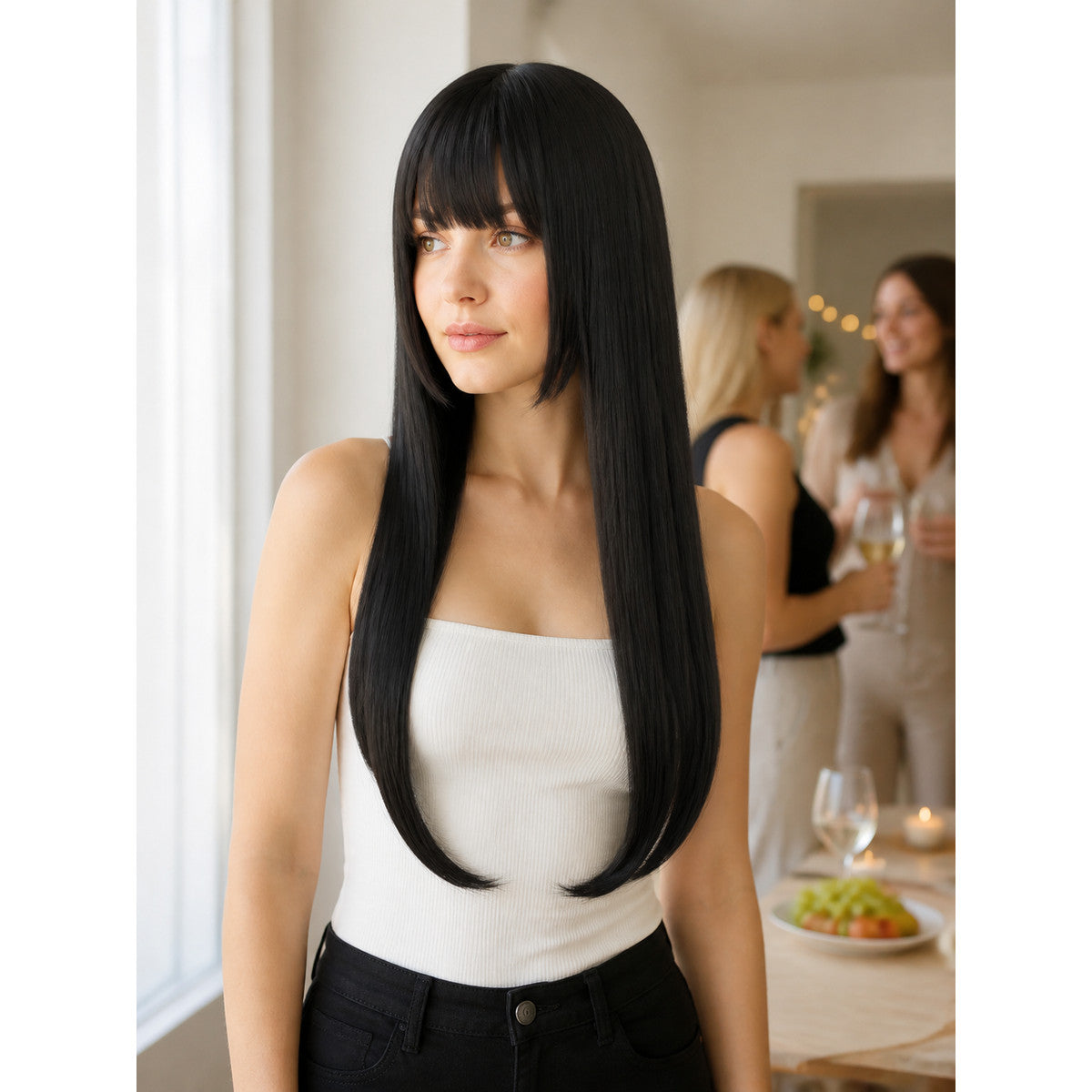 Long Black Carnival Wig for Halloween and Cosplay lifestyle view