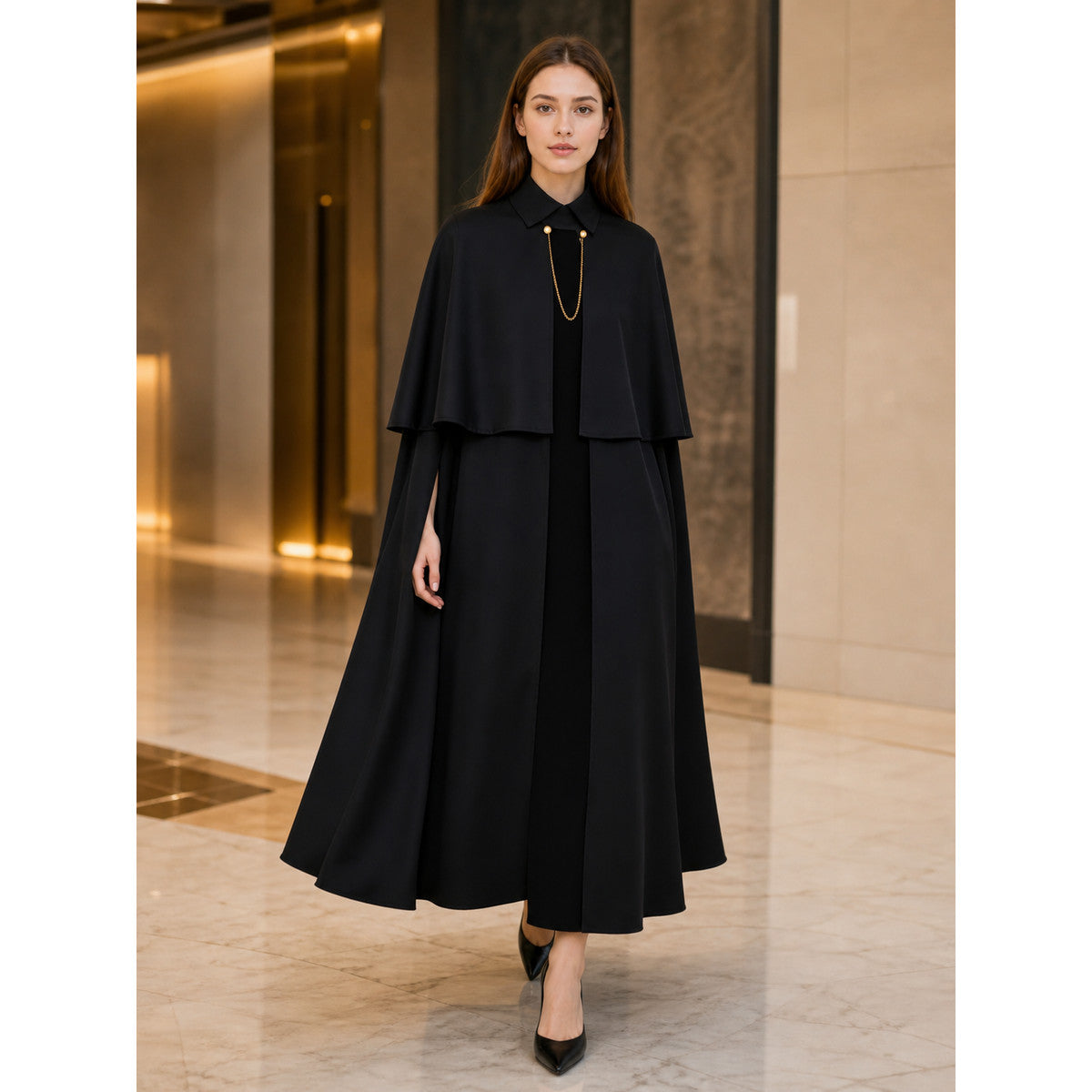 Black Cape with Stand Collar and Gold Chain lifestyle view