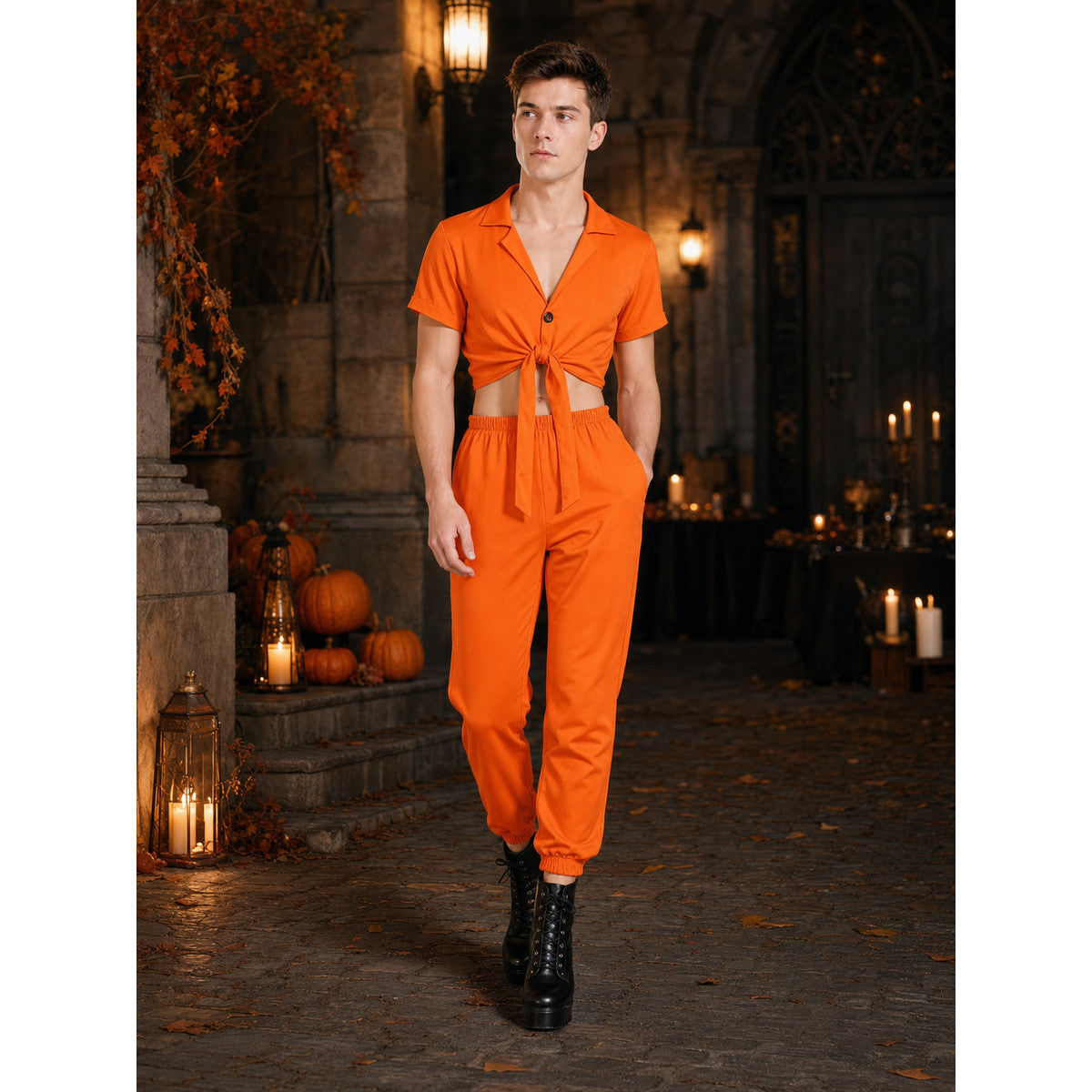 Orange collared tie-front top and jogger pants shown full-body on a man in a dark Halloween-themed interior
