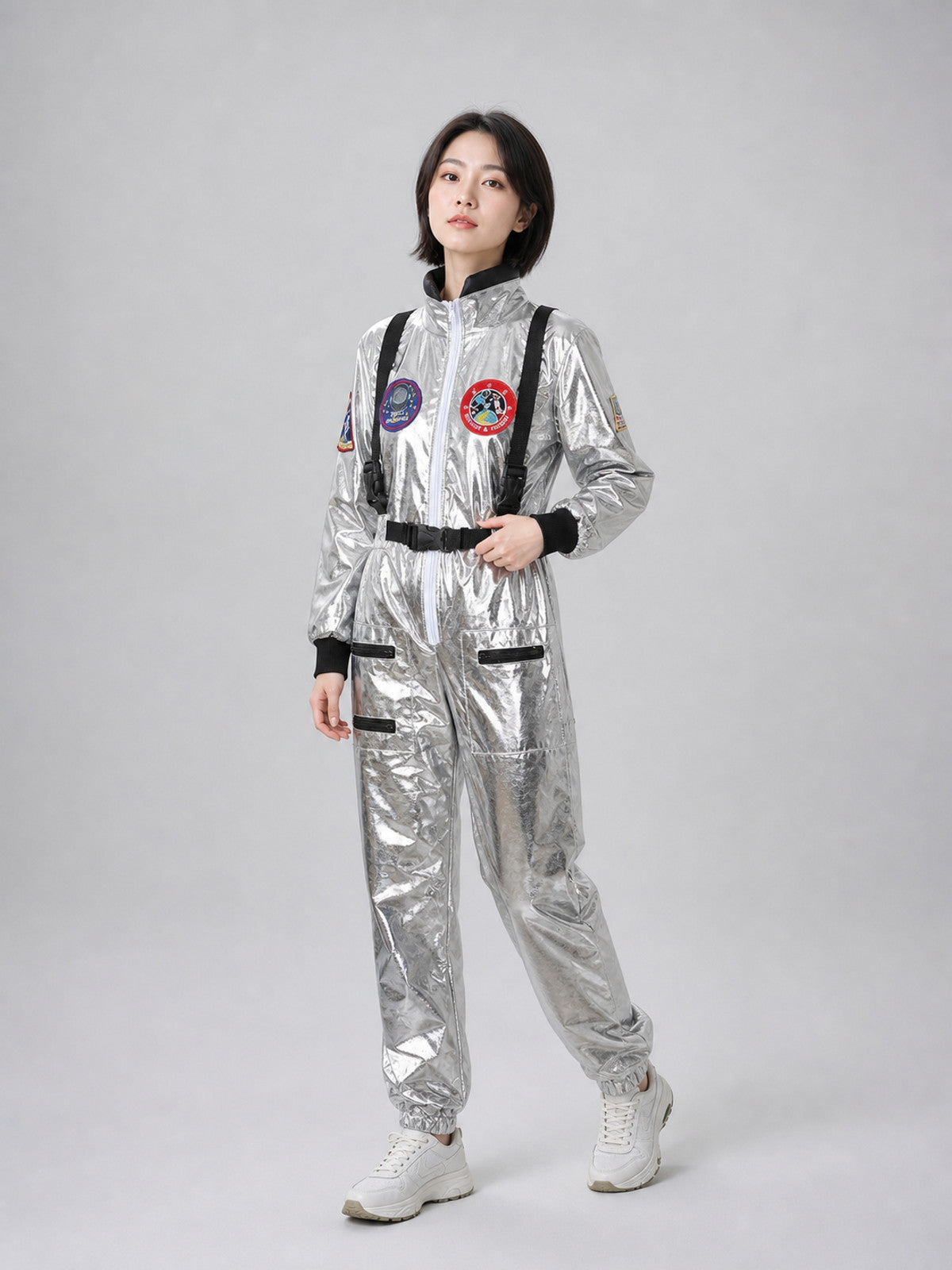 Silver astronaut costume with pockets and emblems Costumes detail