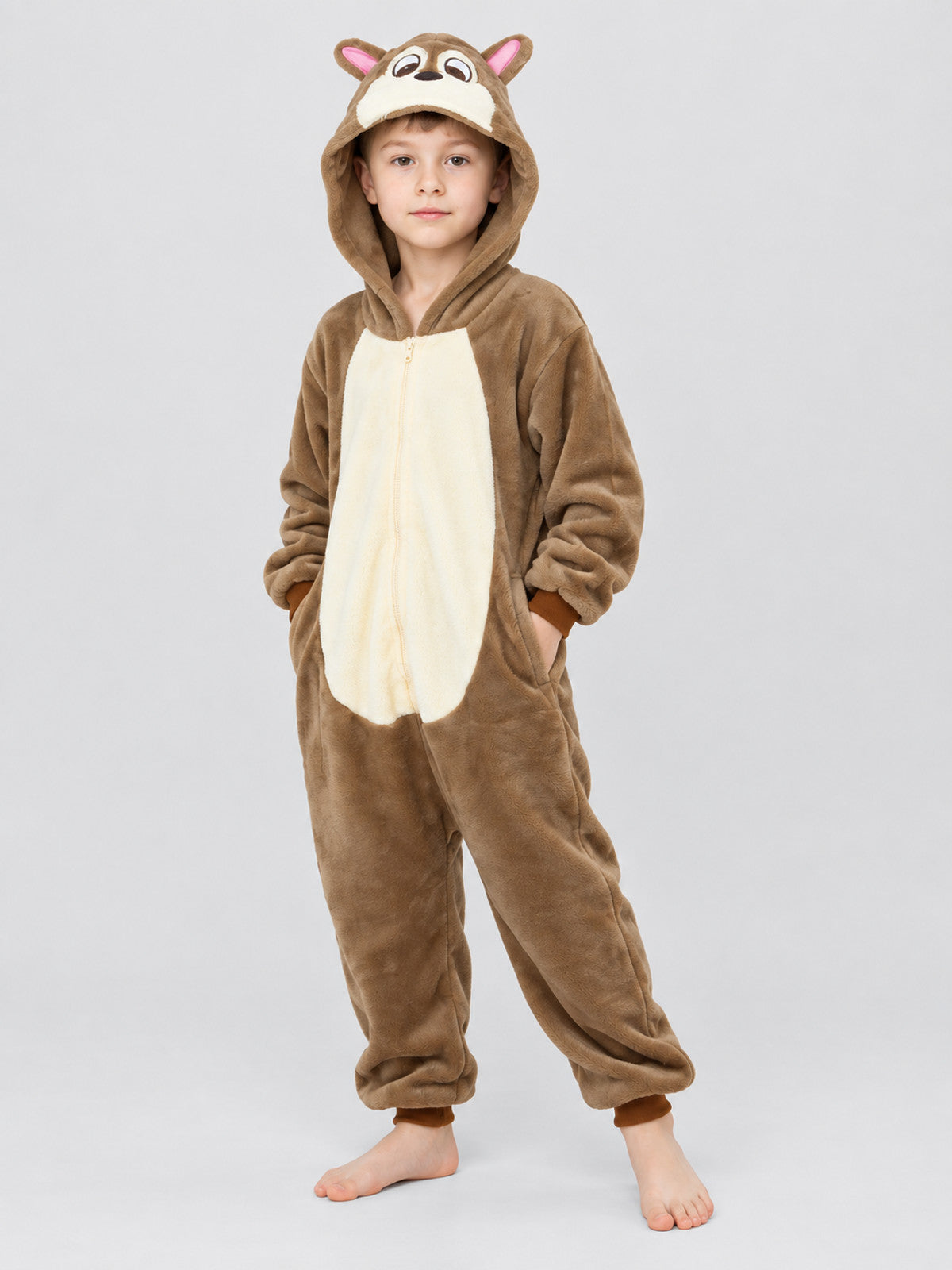 Brown hooded children's pajama jumpsuit with ears