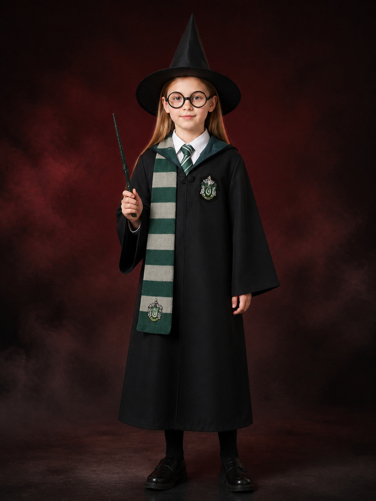 Wizard Costume Set with Robe, Hat, Scarf, Tie, Glasses, Shirt and Wand