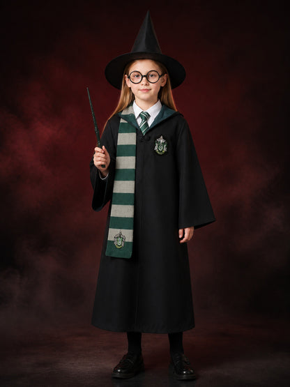 Wizard Costume Set with Robe, Hat, Scarf, Tie, Glasses, Shirt and Wand