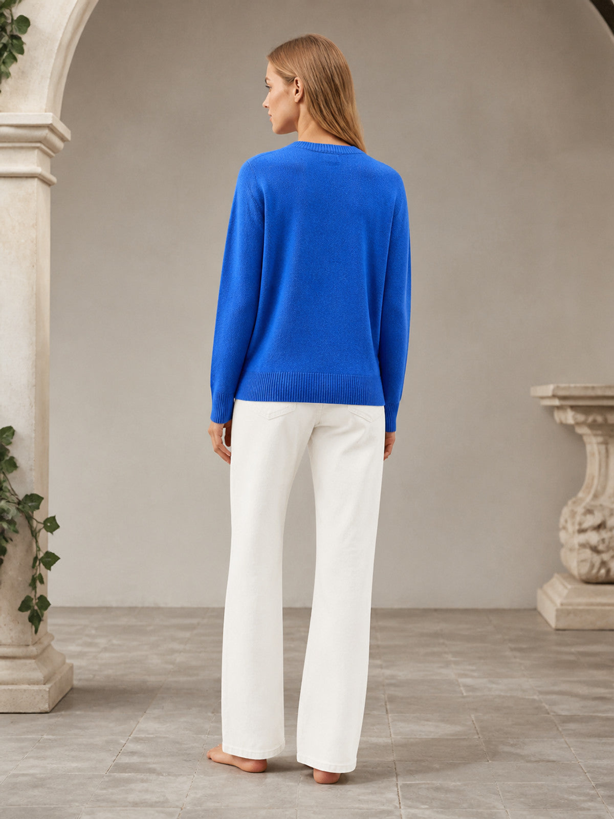 Blue Knit Sweater with Funny Cartoon Cat Face Pattern, Round Neck, Long Sleeves