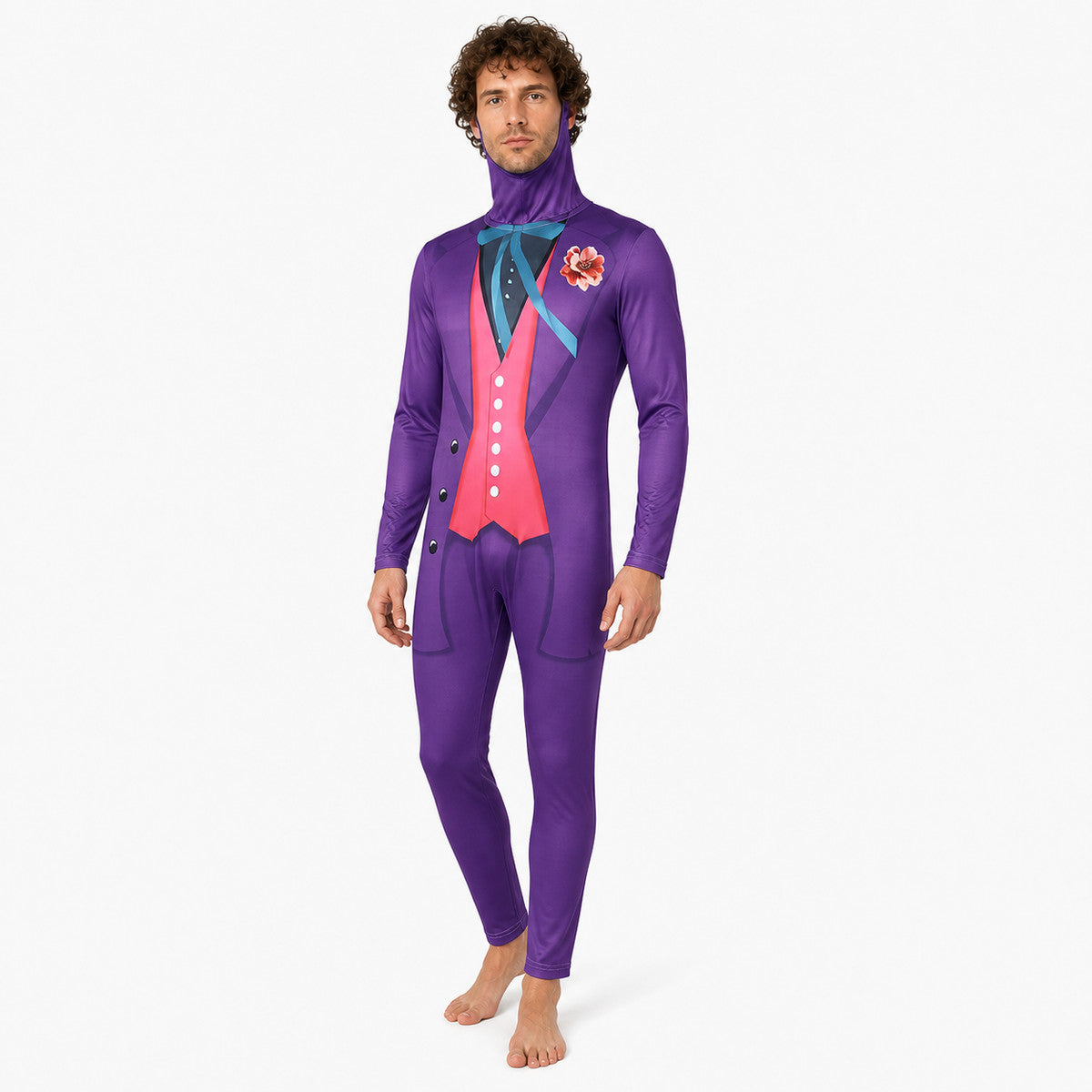 Joker cosplay jumpsuit with hood and printed design on-model front view
