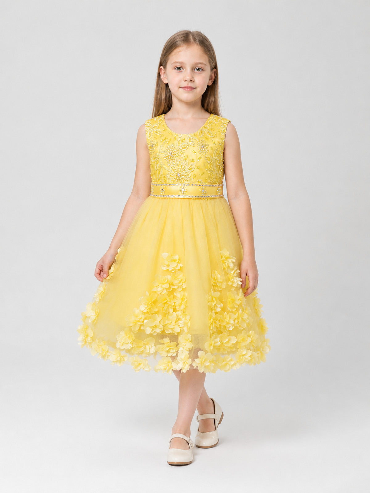 Yellow Girls' Tutu Dress with Flowers and Beads Costume Dresses detail