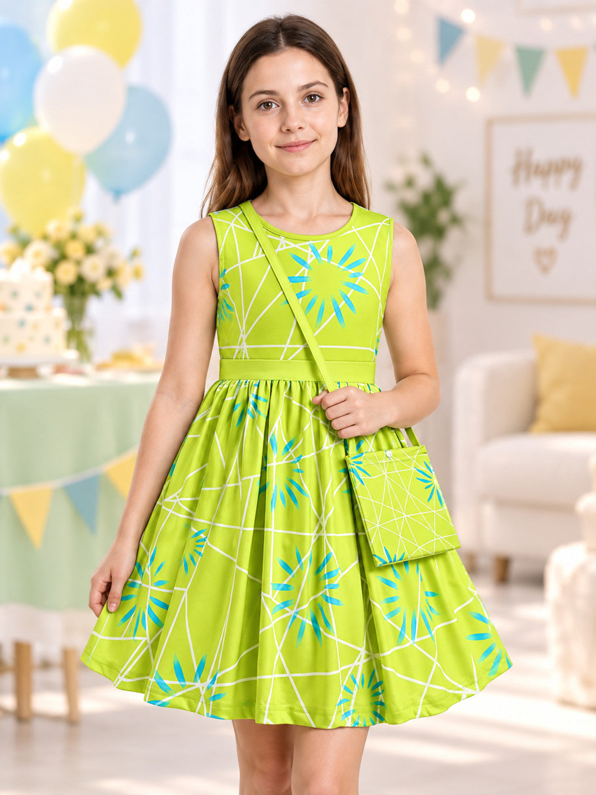 Girls' Festive Dress Yellow-Green with Bag