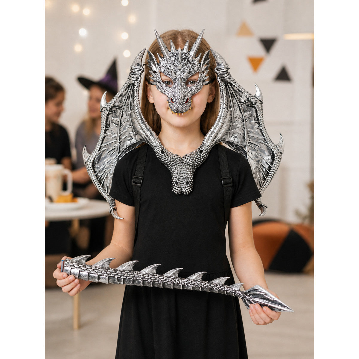 Silver cosplay mask with dragon wings lifestyle view