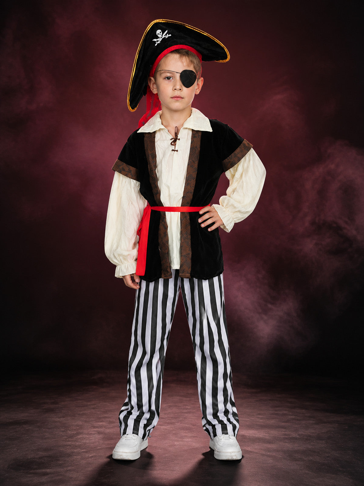 Boy's Pirate Costume Set with Hat, Eye Patch, Belt and Striped Pants
