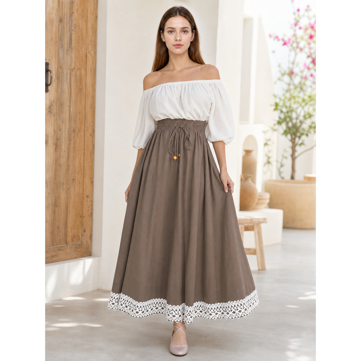 Long khaki A-line skirt with lace lifestyle