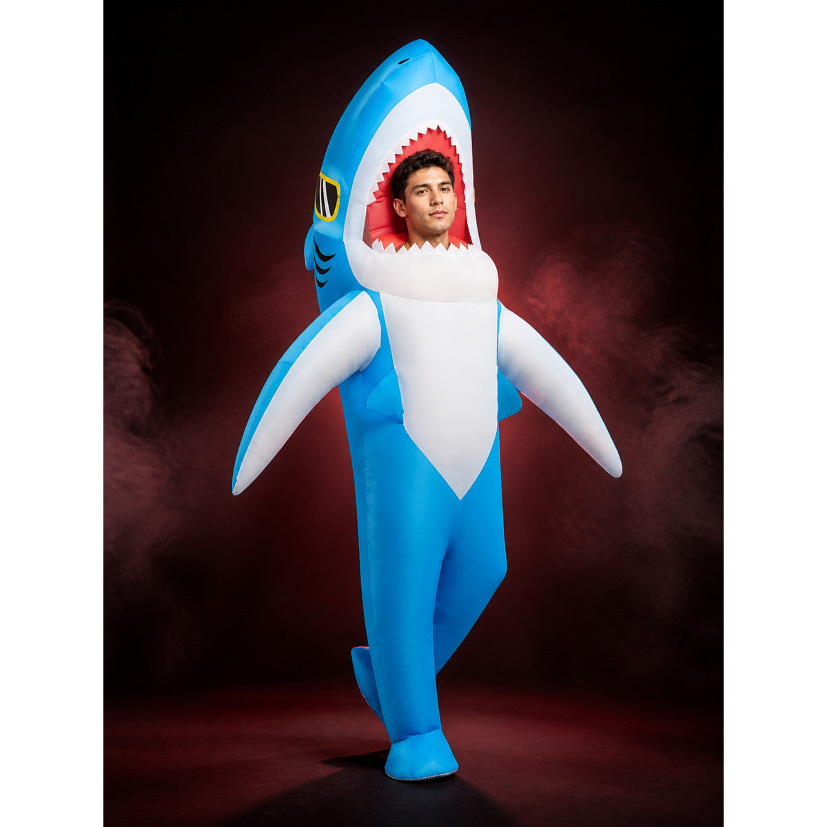 Unisex Shark Costume Jumpsuit, Inflatable Halloween Funny Outfit with Fins and lifestyle