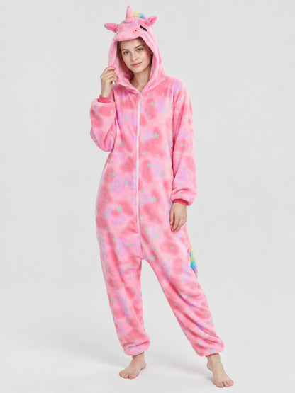 Pink Plush Hooded Unicorn Pajama Jumpsuit