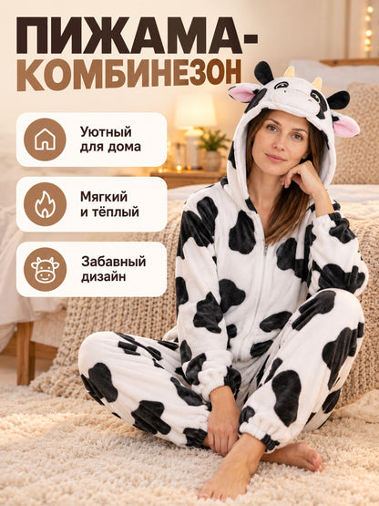 Flannel Cow Hooded Pajama Jumpsuit