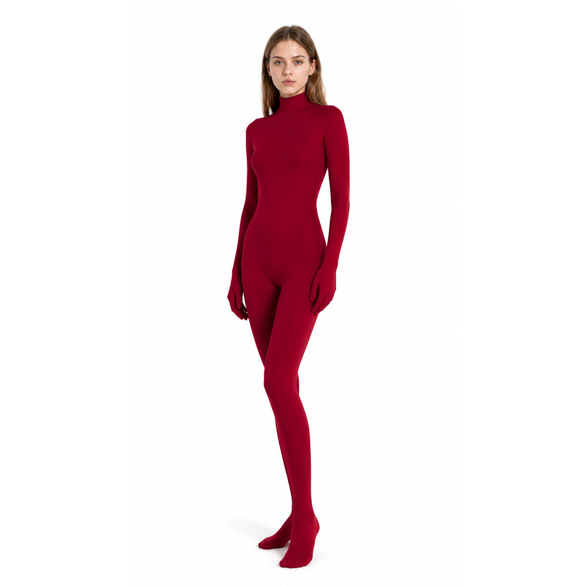Red Hooded Open-Face Jumpsuit for Stage Performances lifestyle