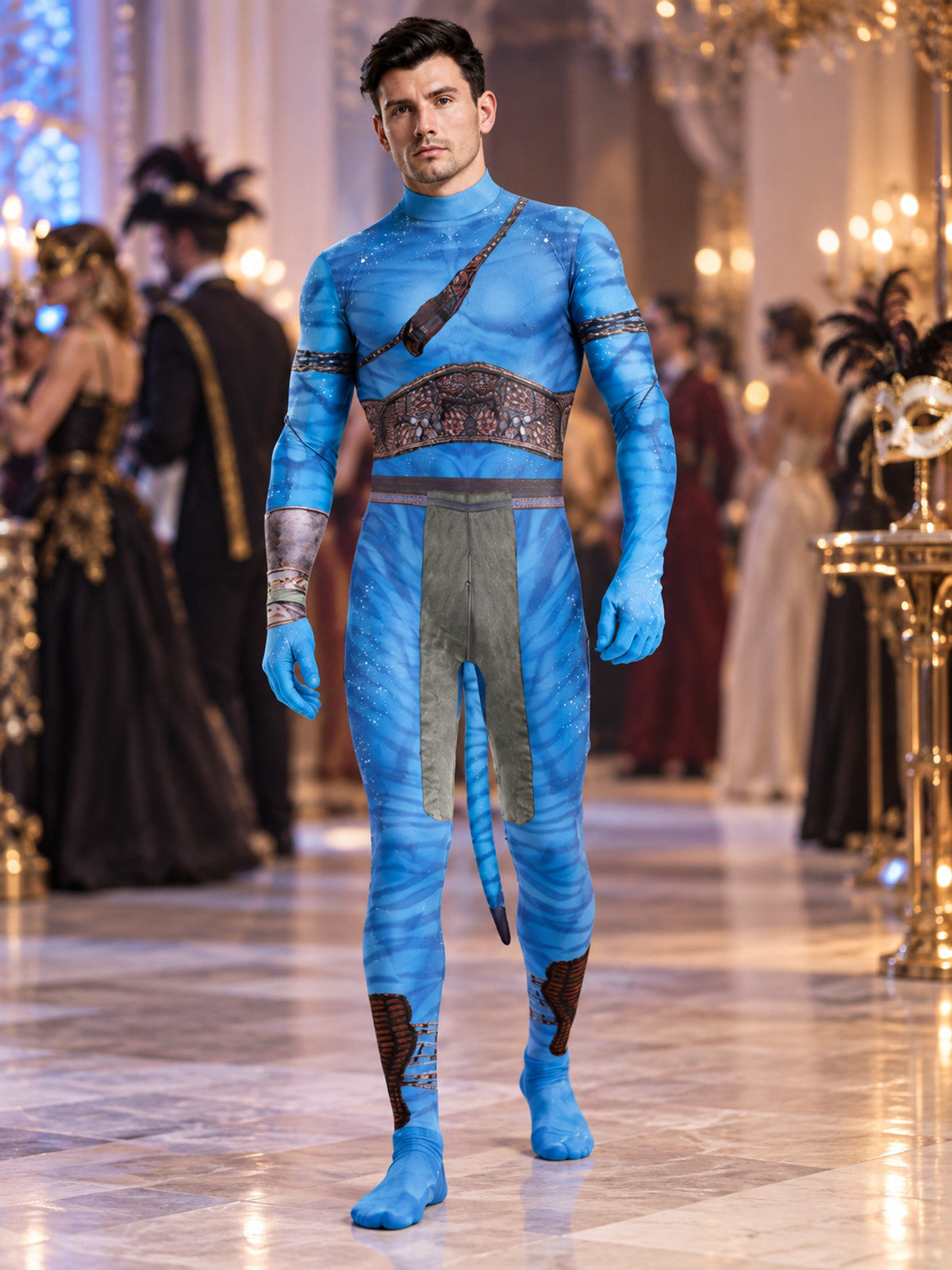 Blue striped pattern cosplay jumpsuit with tail