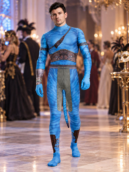 Blue striped pattern cosplay jumpsuit with tail