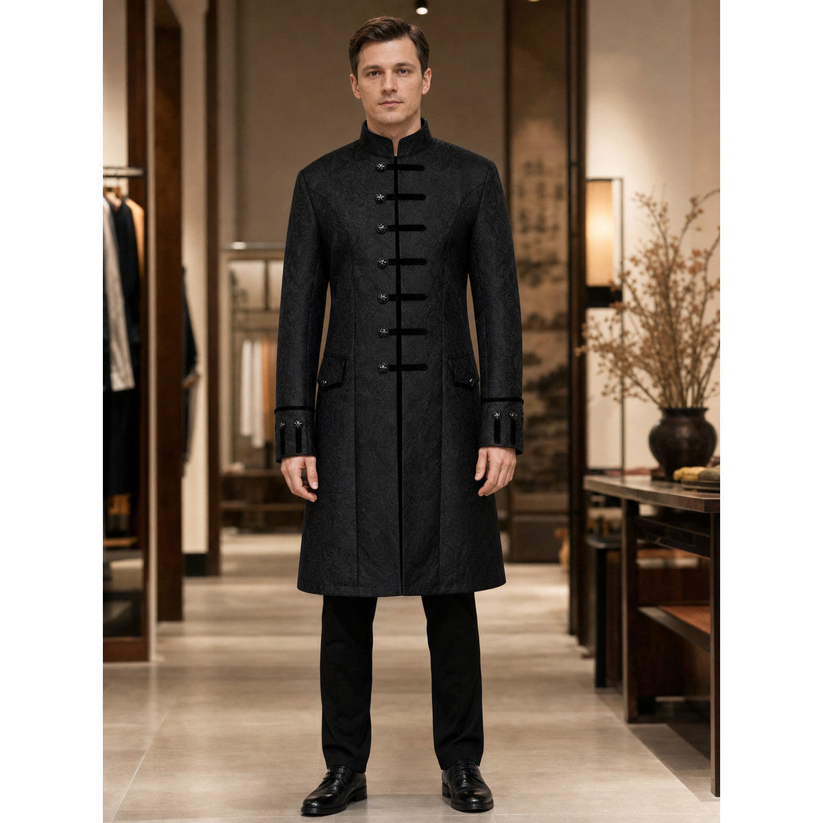 Long Black Jacquard Coat with Stand Collar lifestyle