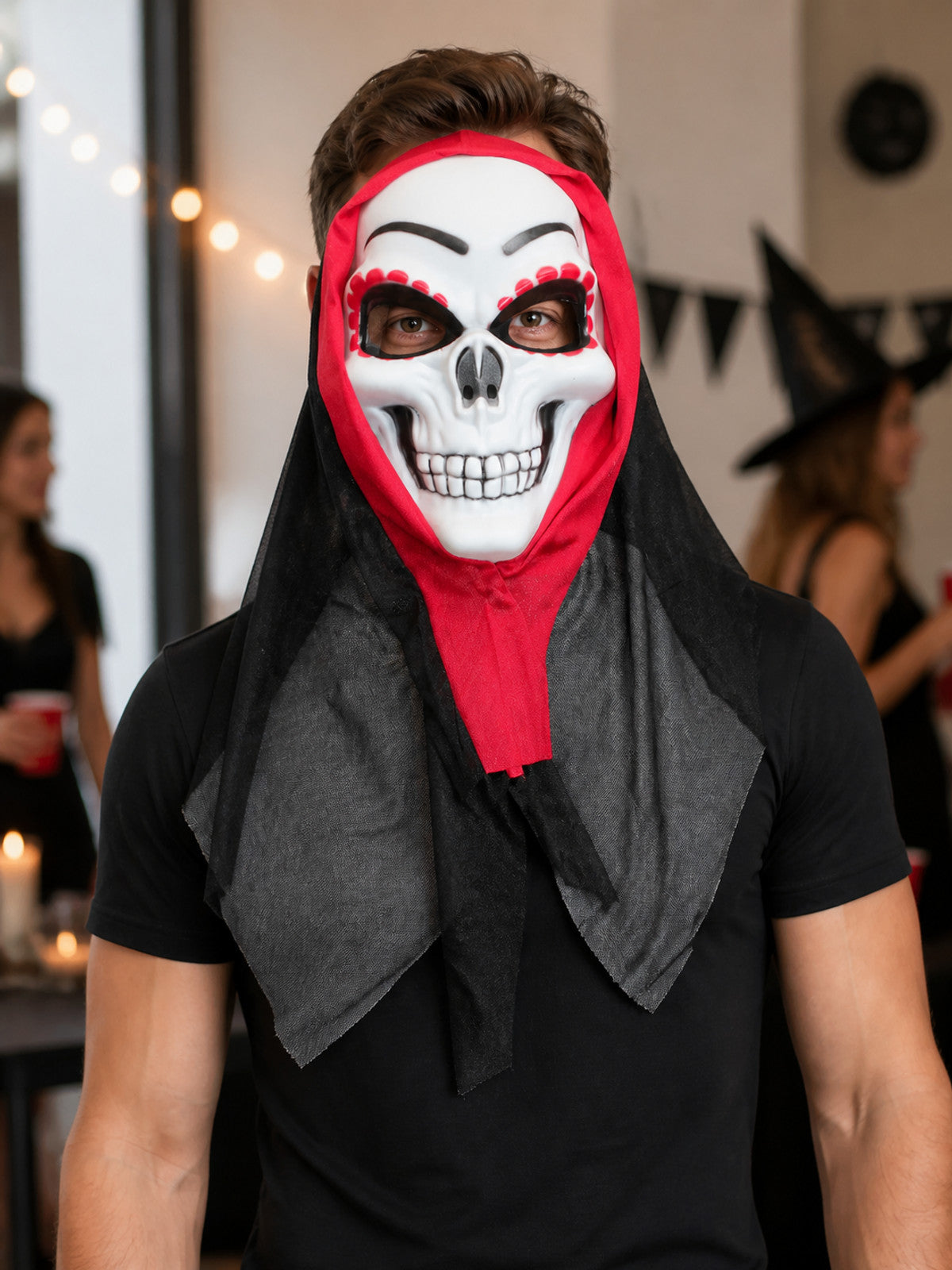White Skeleton Carnival Mask with Red-and-Black Cape lifestyle view