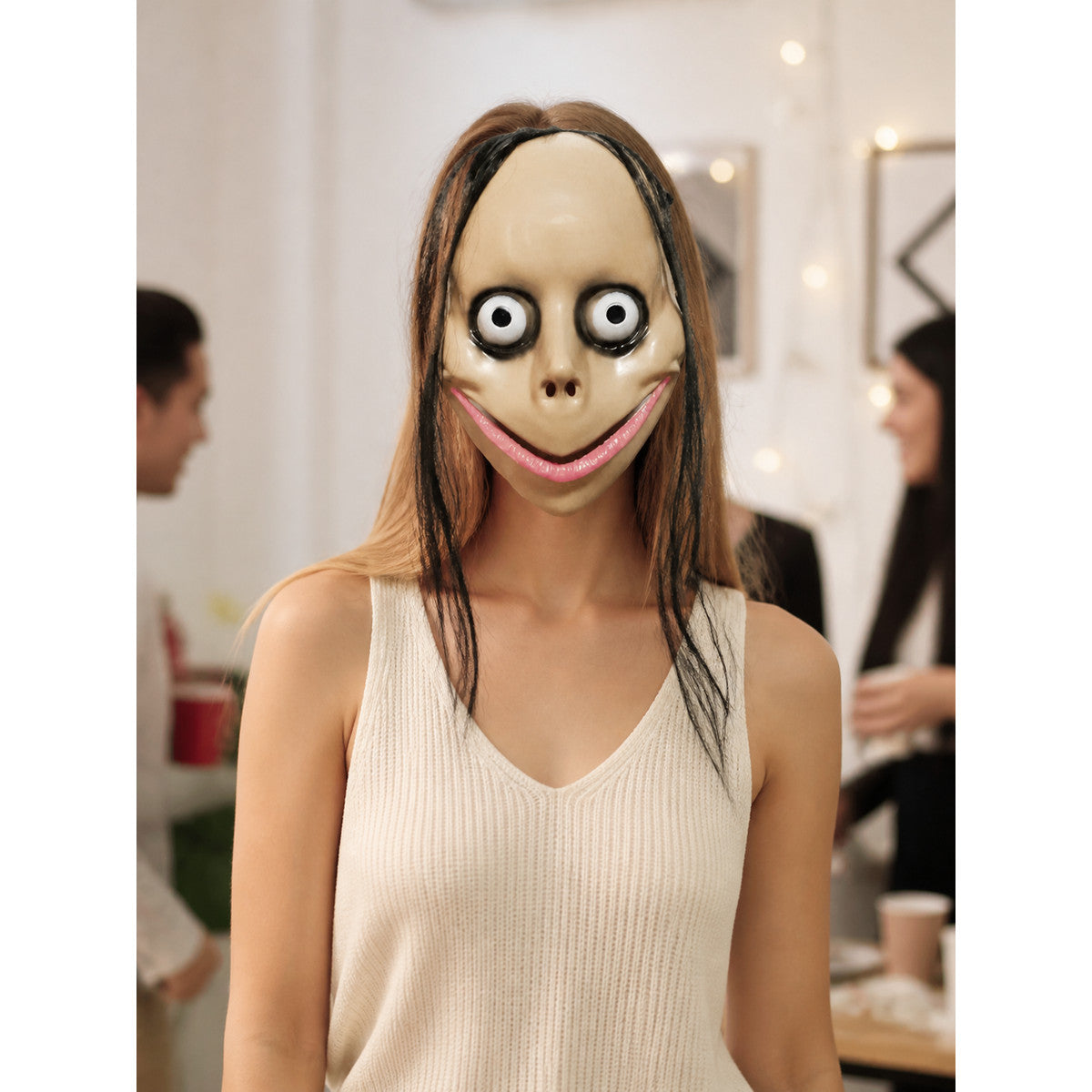 Halloween Mask with Black Hair and a Pink Mouth lifestyle view