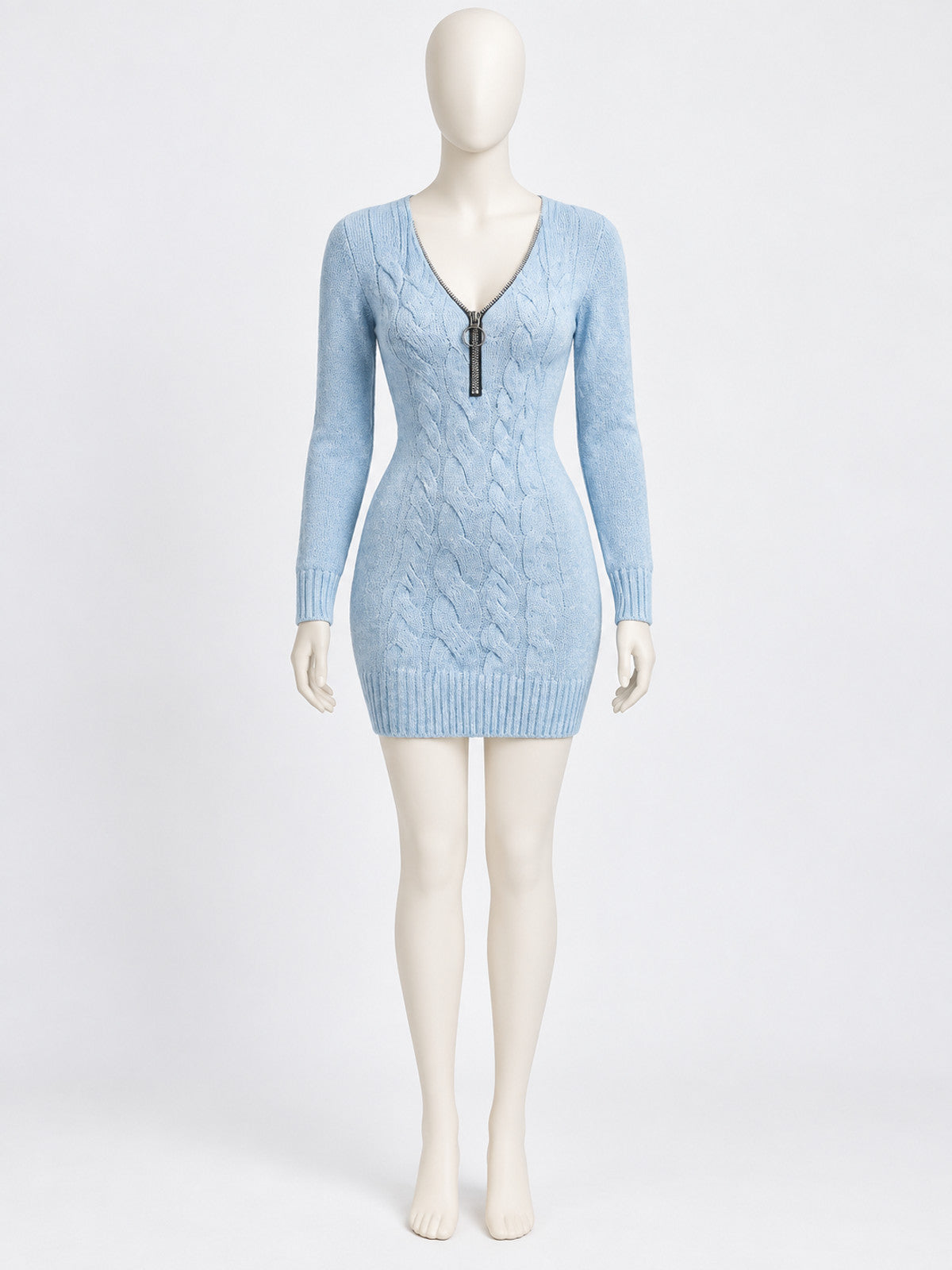 Light Blue Knit Mini Dress in Cotton and Acrylic with Zipper