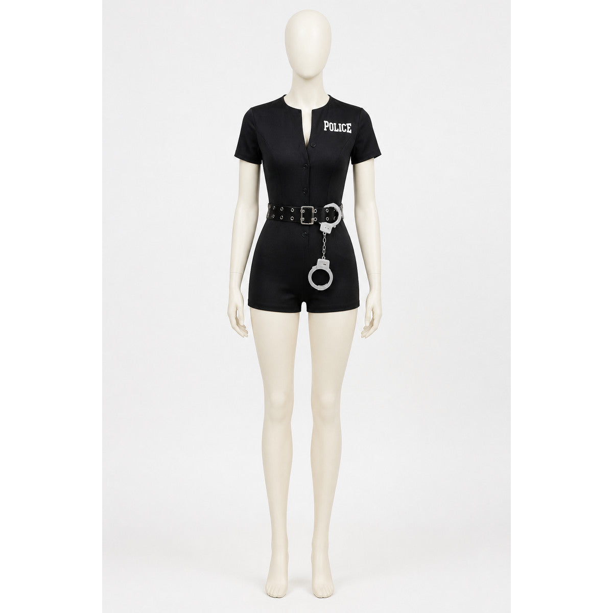 Black police costume with "police" lettering and belt Costumes detail