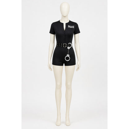 Black police costume with "police" lettering and belt Costumes detail
