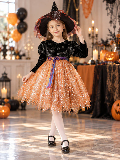 Kids' Witch Halloween Costume with Hat and Sequins