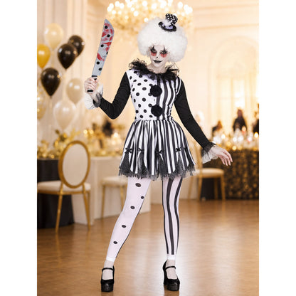 Black-and-white clown costume with a full skirt and decorative details for a Halloween look, themed party, or cosplay. The design is inspired by a circus clown: the top combines contrasting areas with black dots and vertical stripes, while 