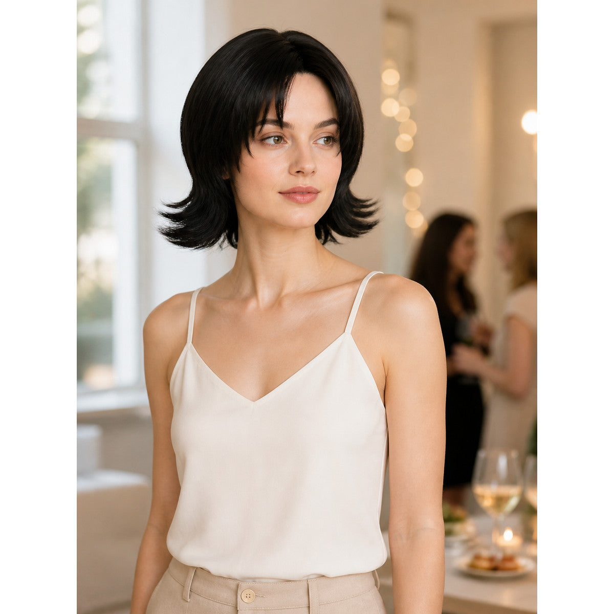 Short Black Carnival Wig with Side-Swept Bangs lifestyle view