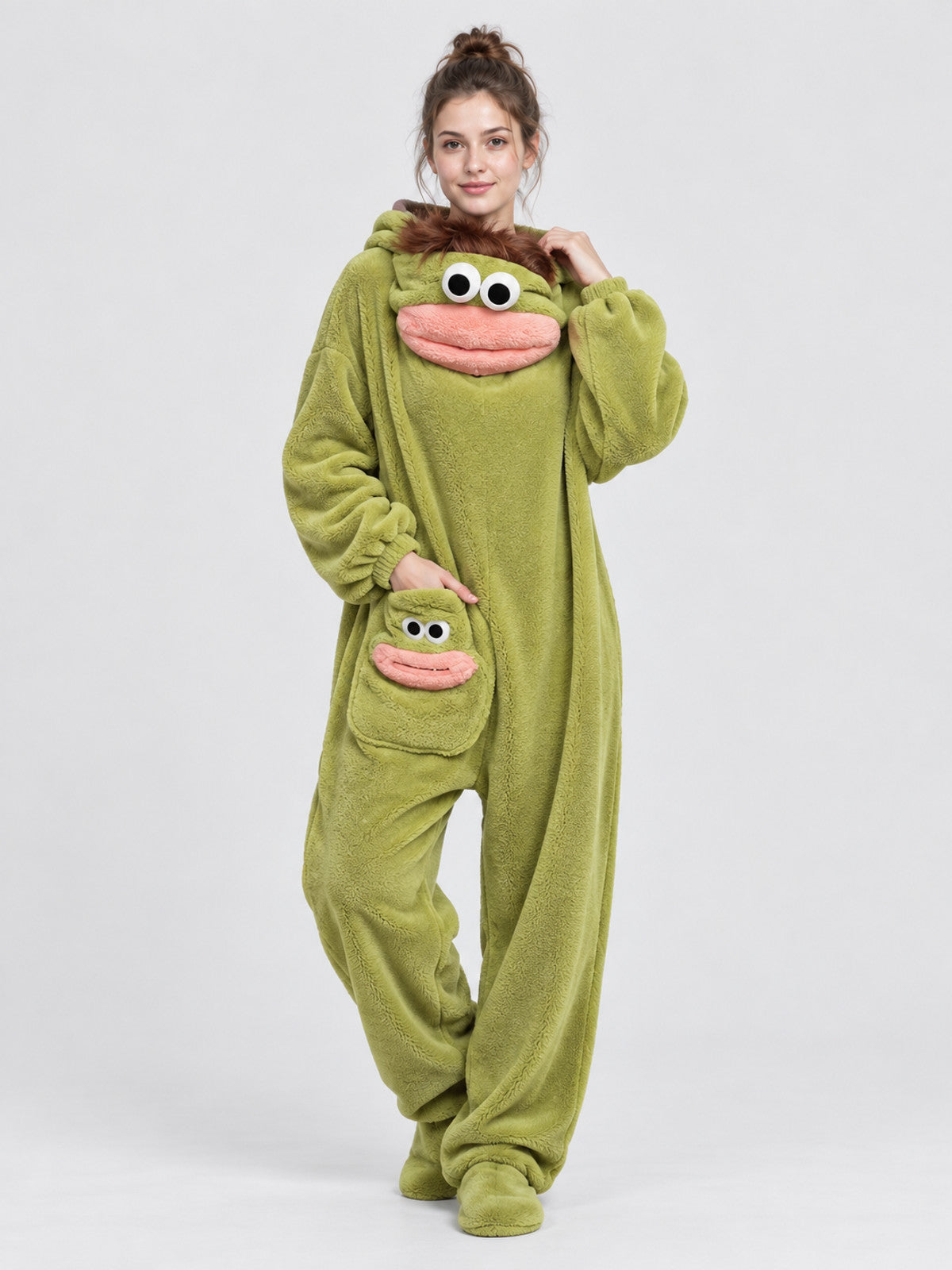 Coral Fleece Pajama Jumpsuit with Cartoon Decor