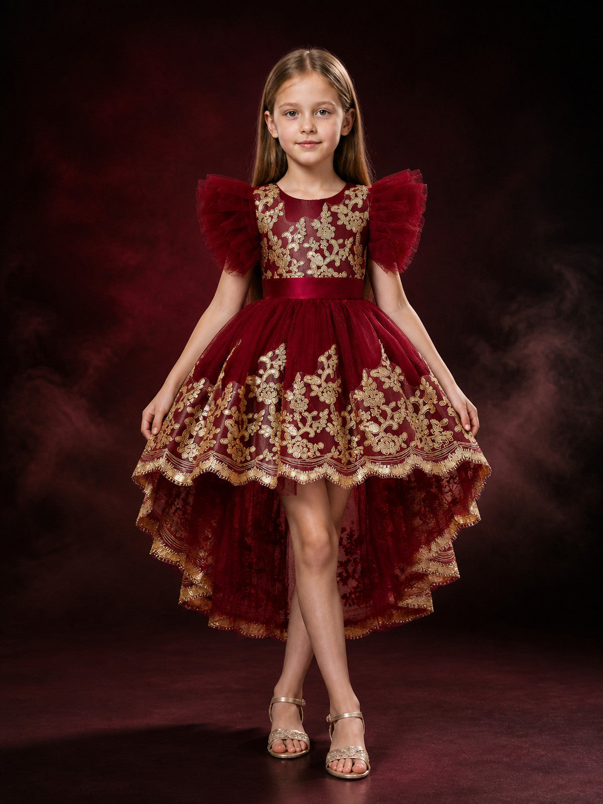 Girls' Toddler Princess Formal Dress with Gold Embroidery, Flutter Sleeves and main product view