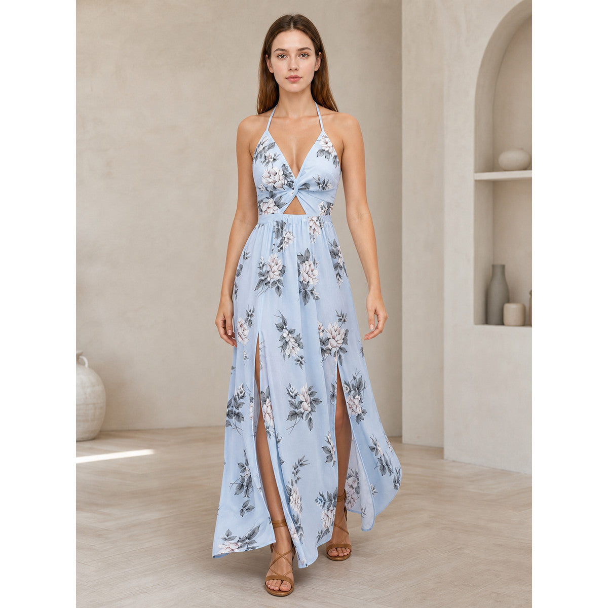 Maxi Dress with Floral Print and V-Neckline