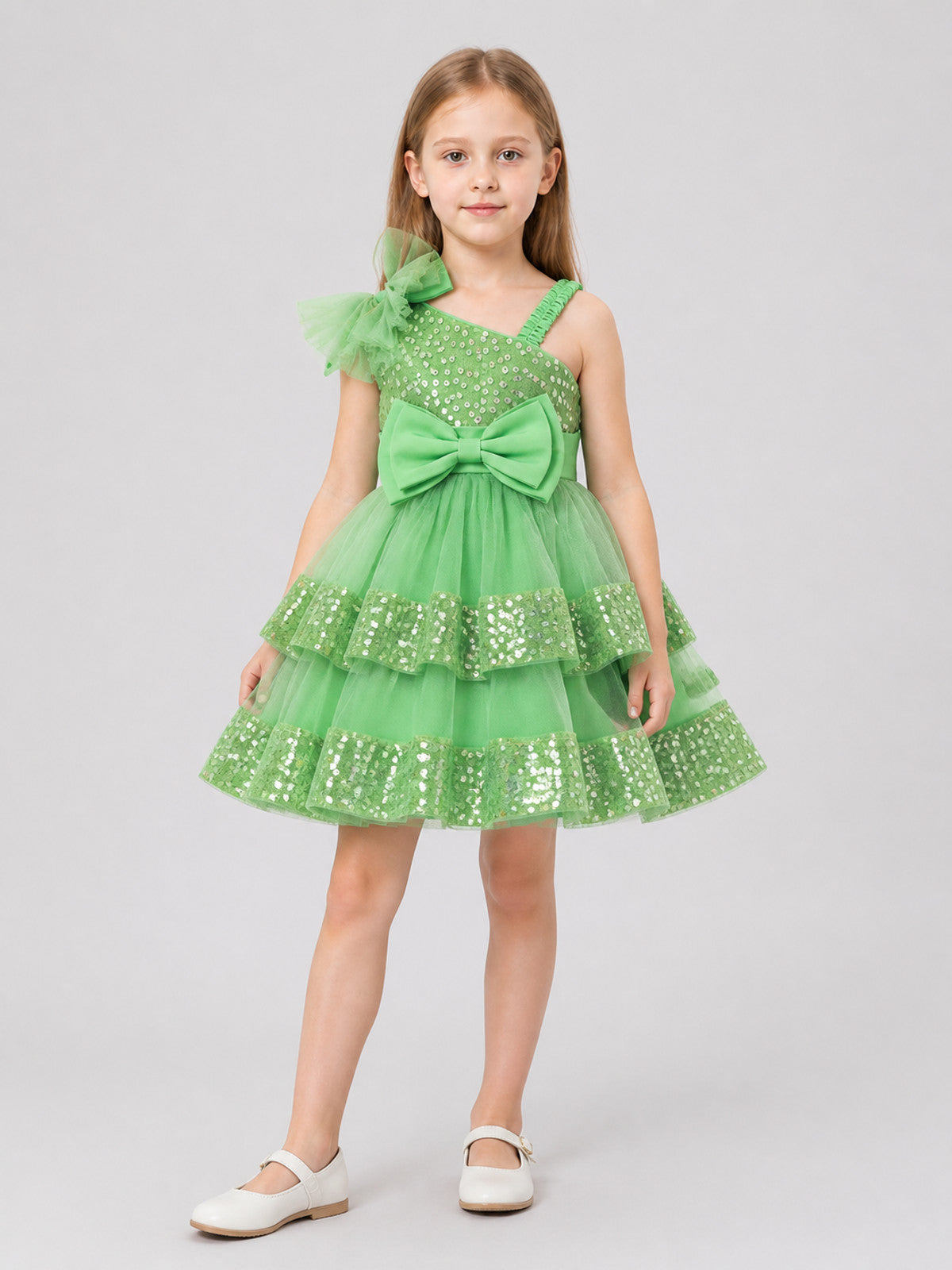 Girls’ Green Sequin Princess Dress with Bows