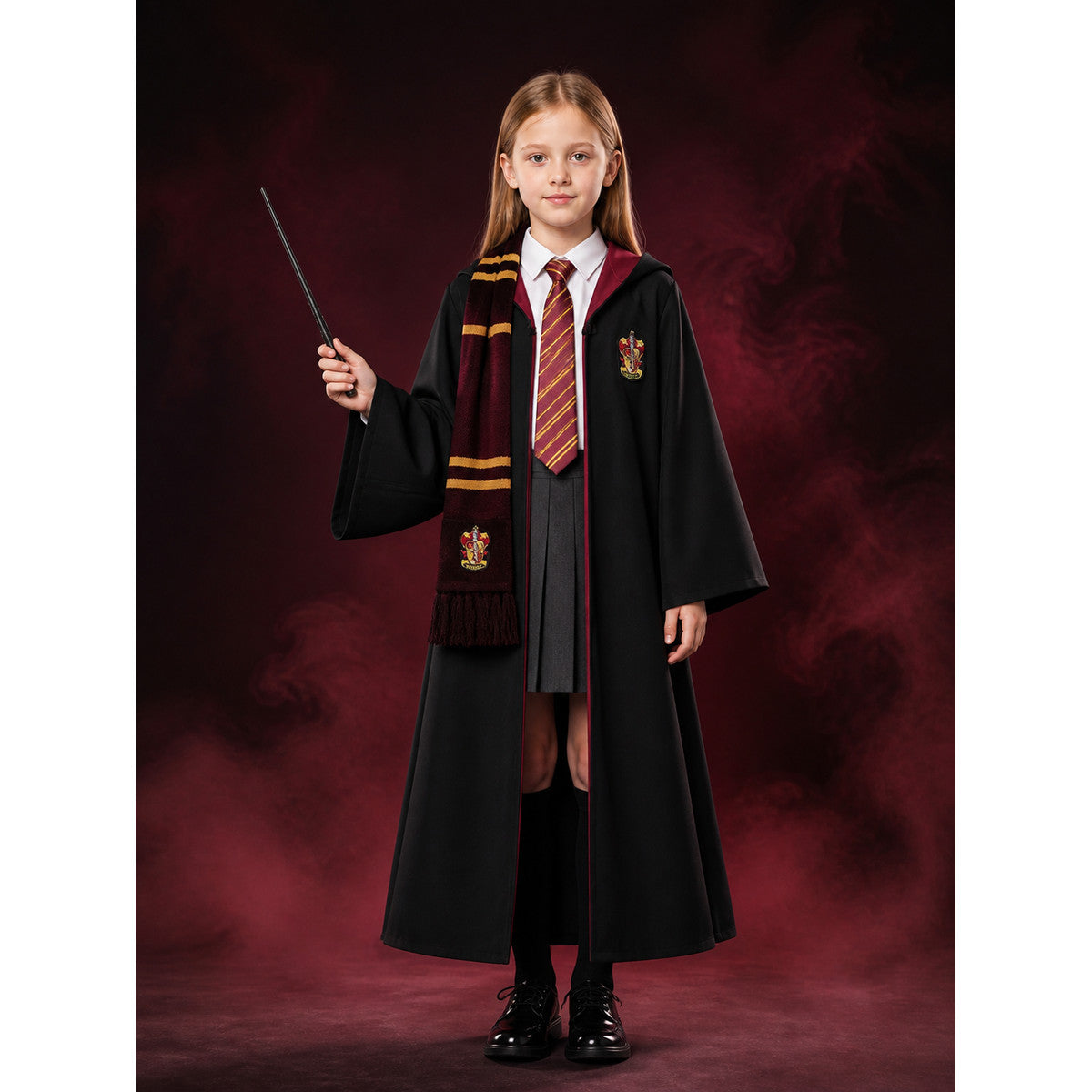 Women's Wizard School Costume Set with Hooded Robe, Wand, Tie, Scarf, Skirt and main product view