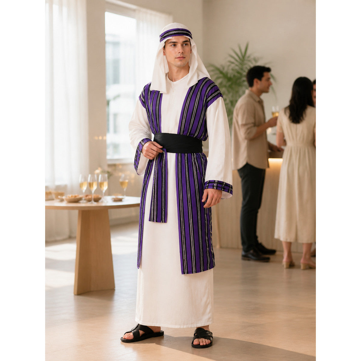 White Arabic Costume with Purple Stripes and Turban lifestyle view