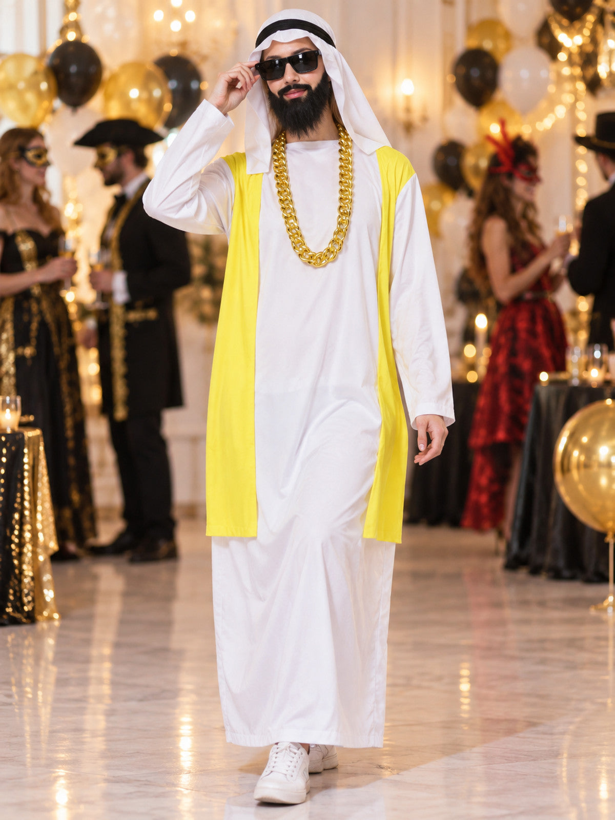 Carnival costume with scarf, beard, and chain, white and yellow