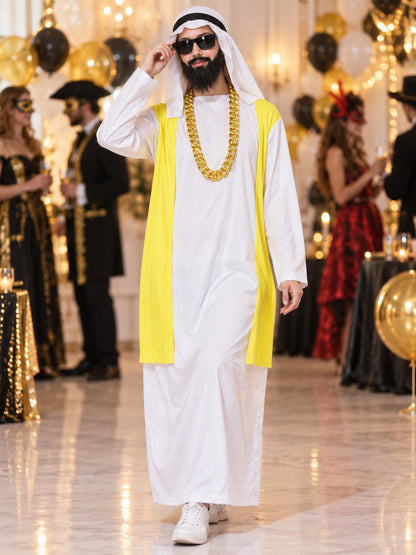 Carnival costume with scarf, beard, and chain, white and yellow