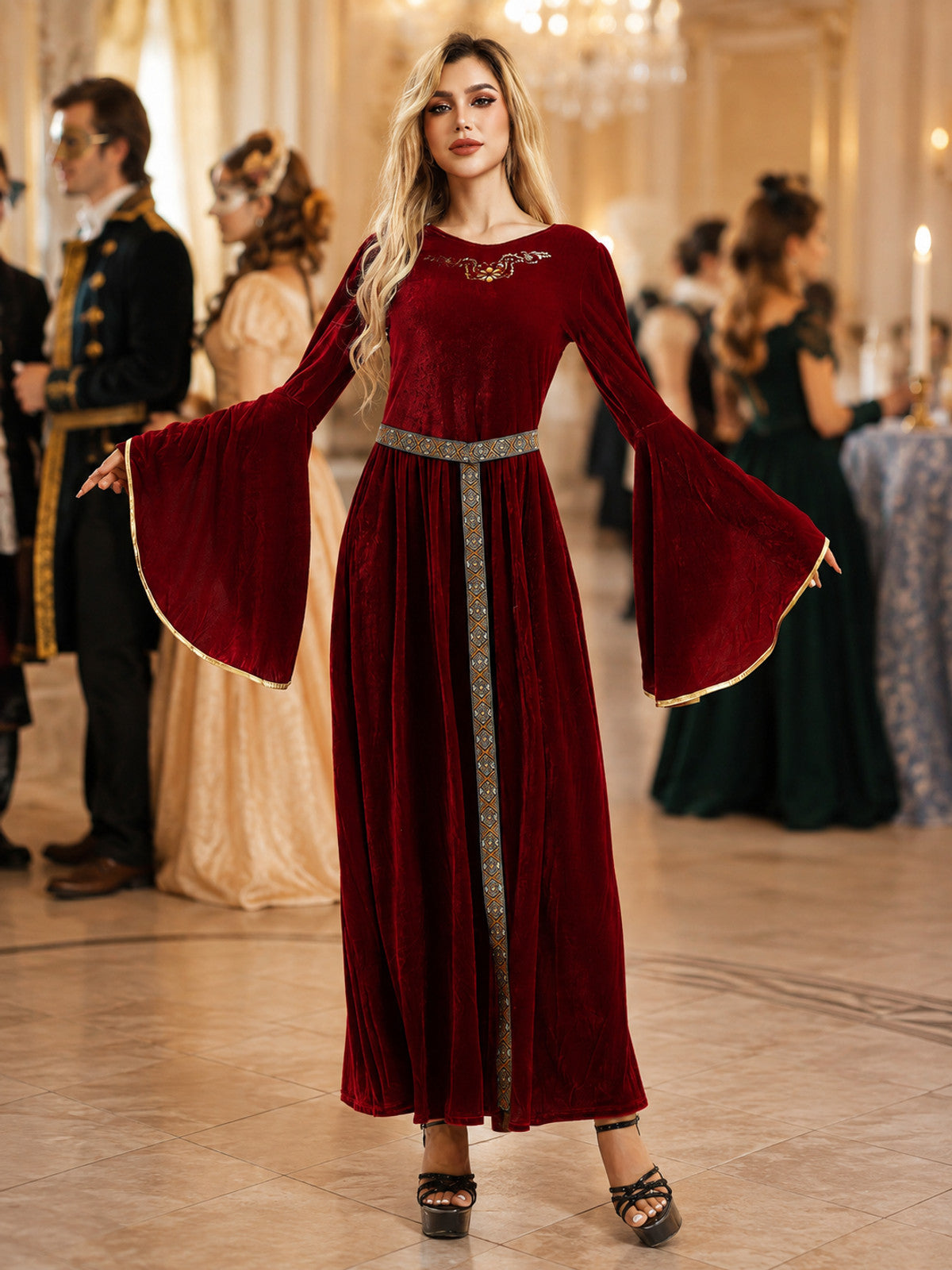 Burgundy Costume Dress with Belt and Embroidery lifestyle view