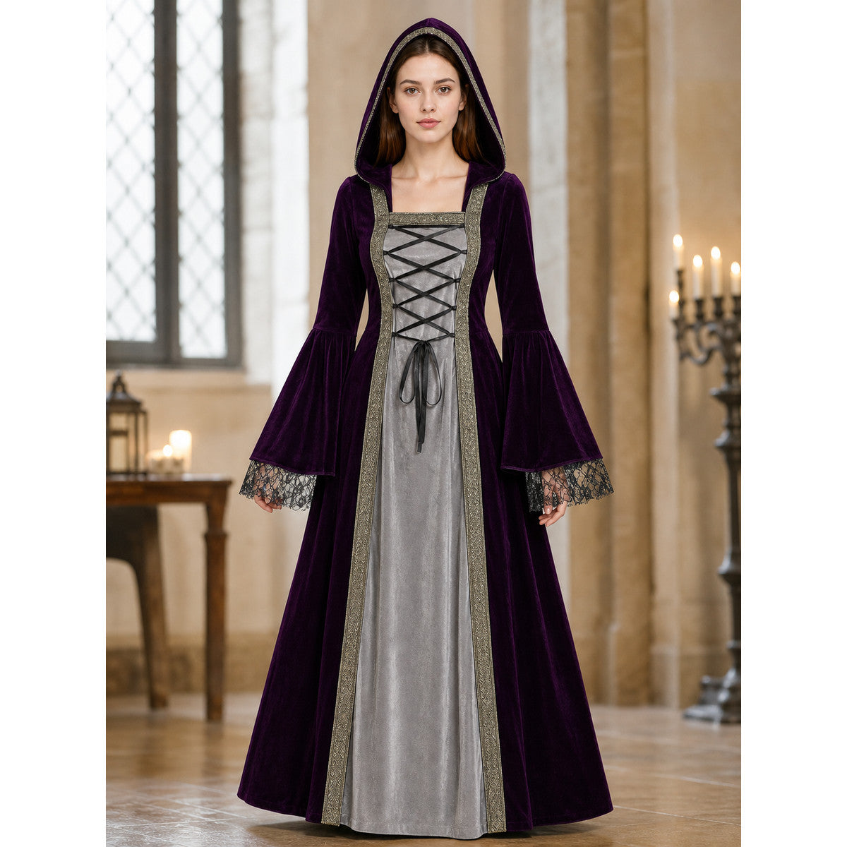 The dress is designed in a Gothic medieval style and features a costume design in deep purple with silver-gray and black accents. The design includes an attached pointed hood, flared bell sleeves, and a flowing skirt. The front of the bodic