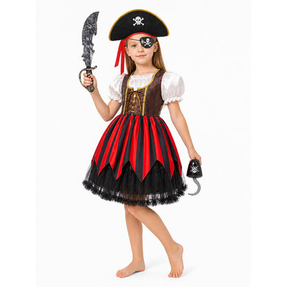 Pirate Costume with Red-and-Black Skirt and Hat Costume Headwear detail