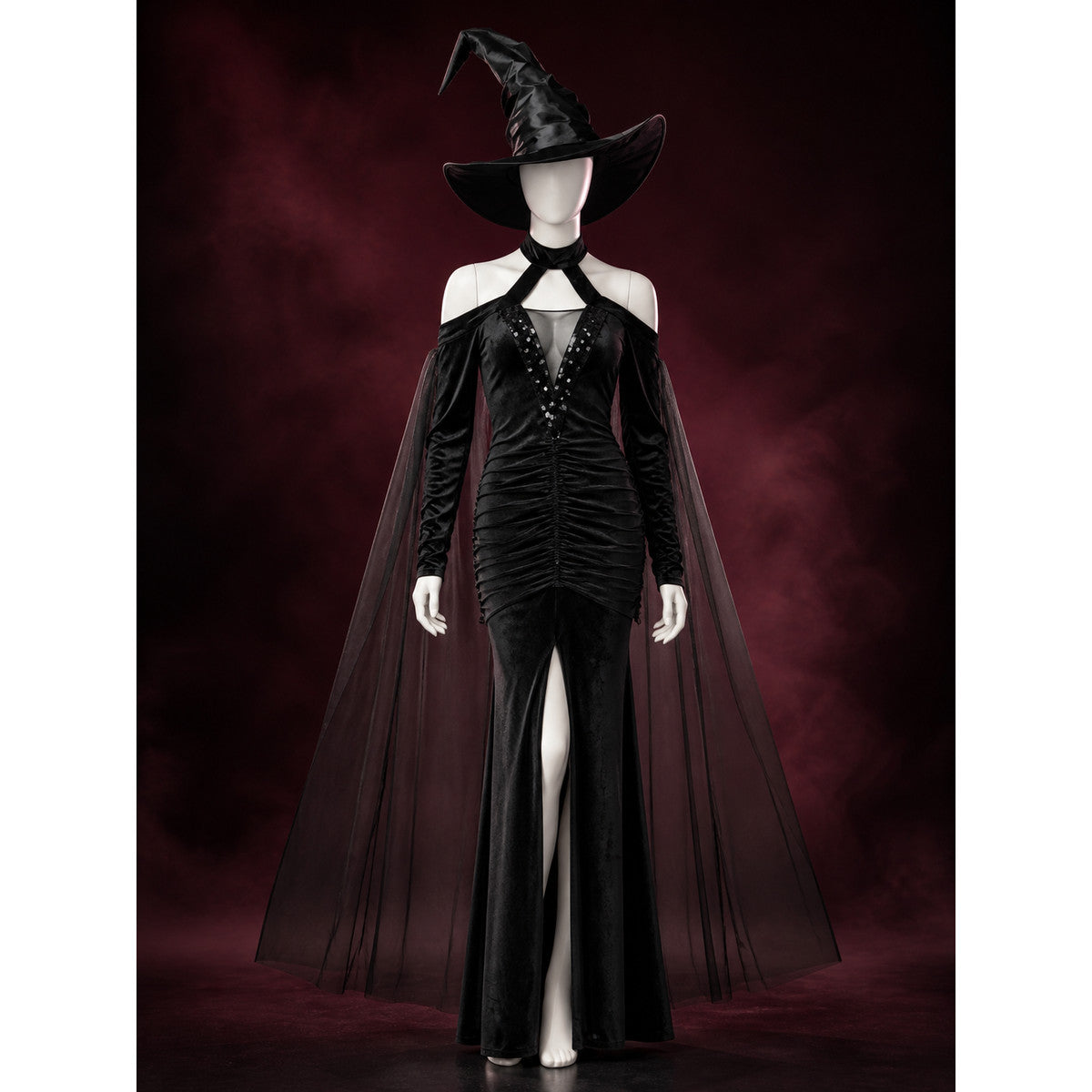 Women's Sequined Witch Costume Dress with Cape and Hat - Black Halloween Outfit main product view