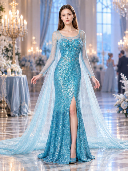 Turquoise Floor-Length Sequin Dress with Train lifestyle view